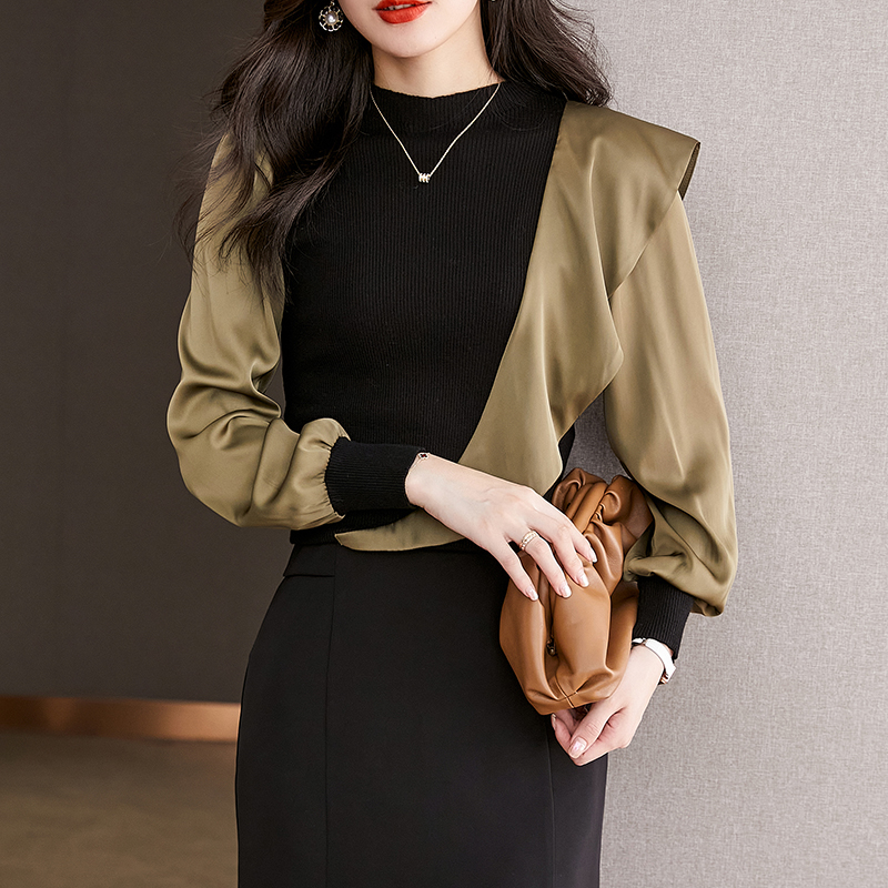 荷葉邊拼色設計長袖針織衫