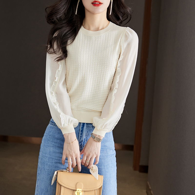 韓系荷葉邊圓領拼接針織衫