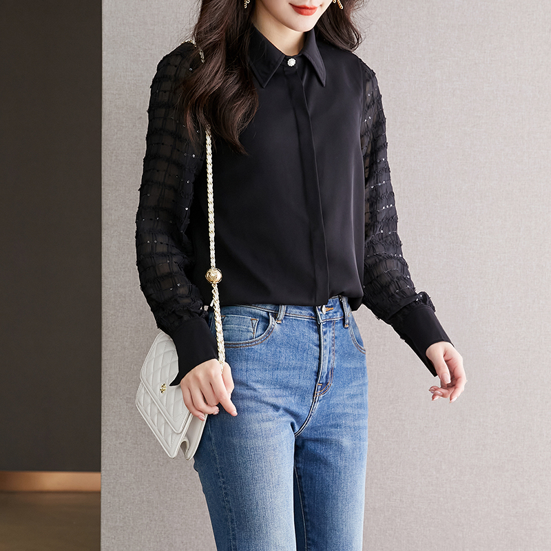 復古拼色設計翻領長袖襯衫