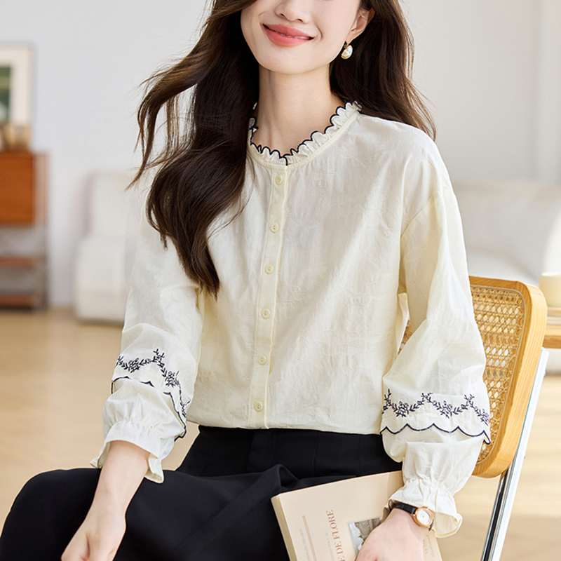 提花刺繡荷葉立領長袖襯衫