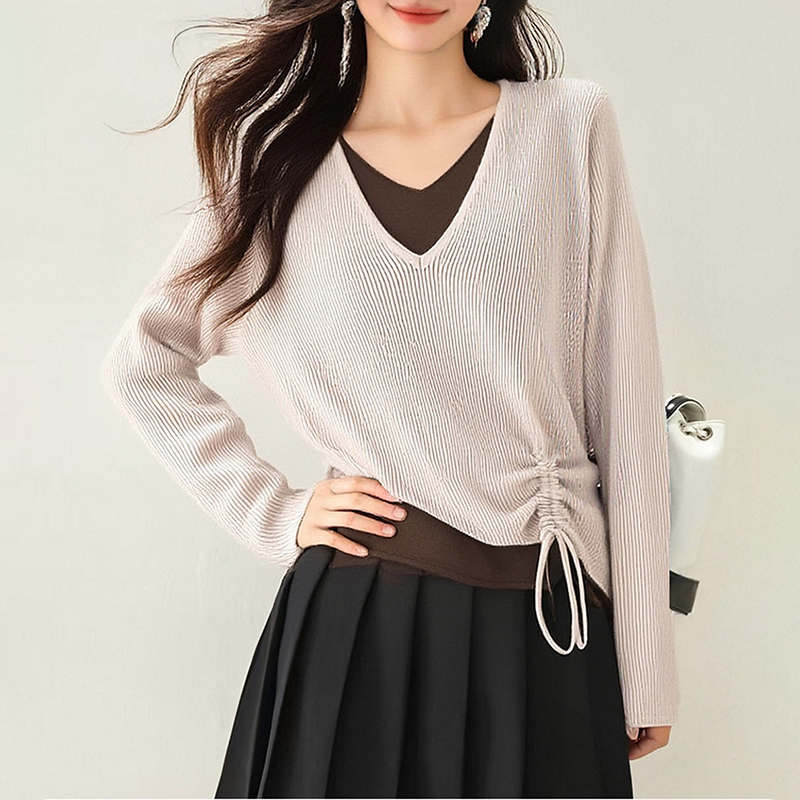 撞色V領假抽繩休閒針織衫(2色)