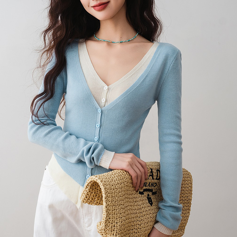 修身V領假兩件撞色針織開襟衫(2色)