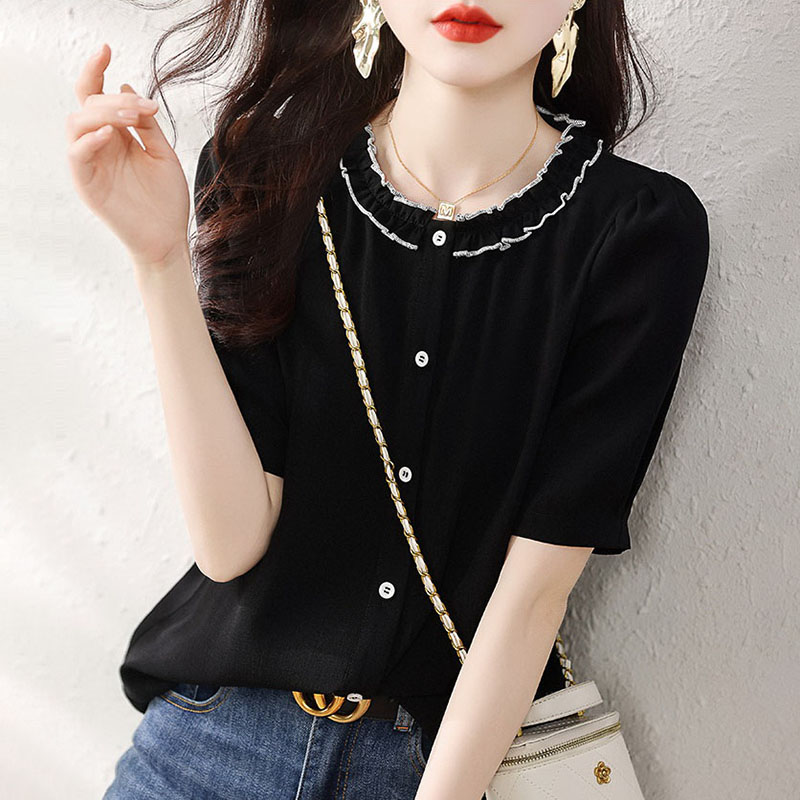 拼色花邊領設計氣質通勤襯衫(2色)