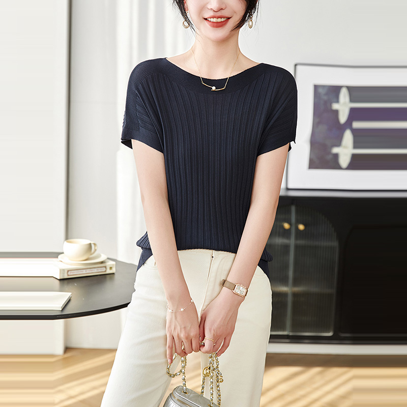 時尚修身百搭一字領針織短袖T恤(5)色