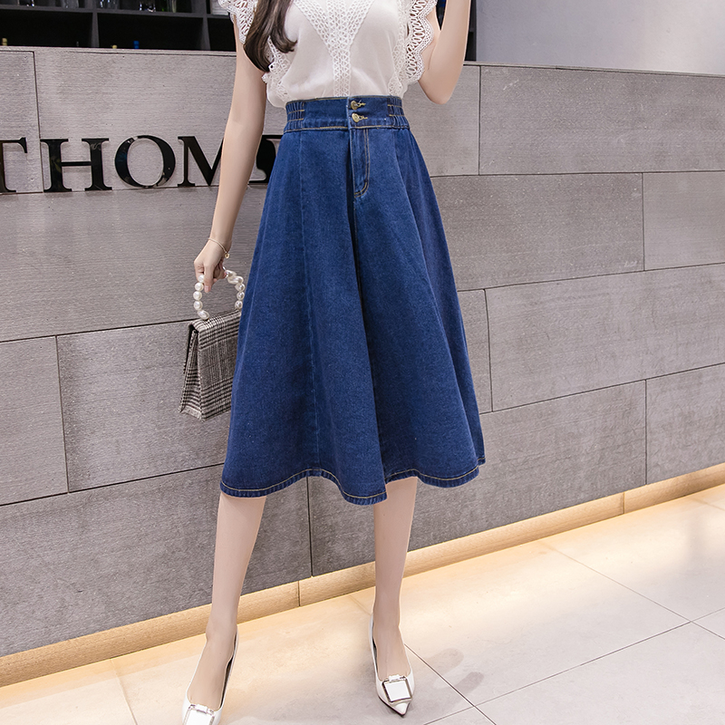 新款鬆緊高腰中長大擺牛仔裙(2色)