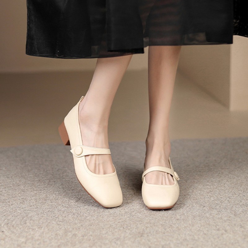 法式軟皮粗跟淺口豆豆鞋