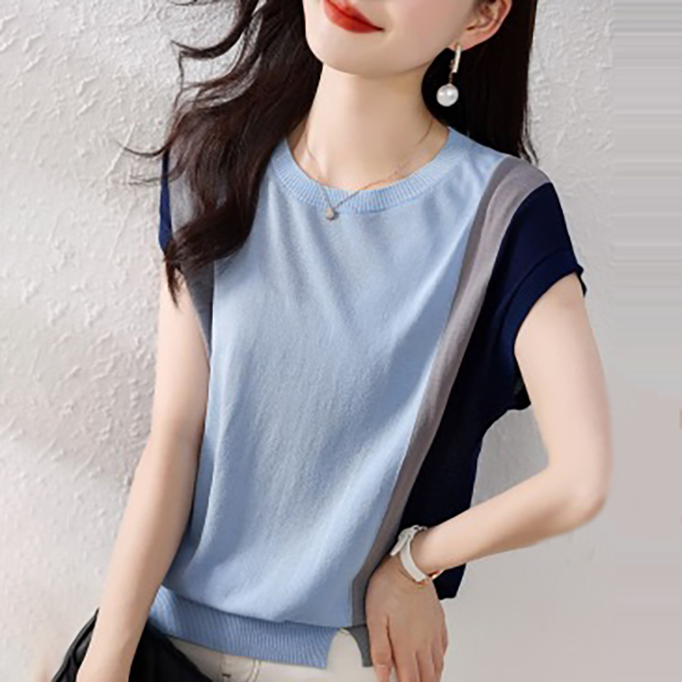 優雅軟糯親膚撞色圓領短袖T恤