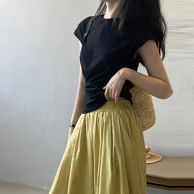 休閒純色小飛袖褶皺交叉不規則下擺T恤(3色)