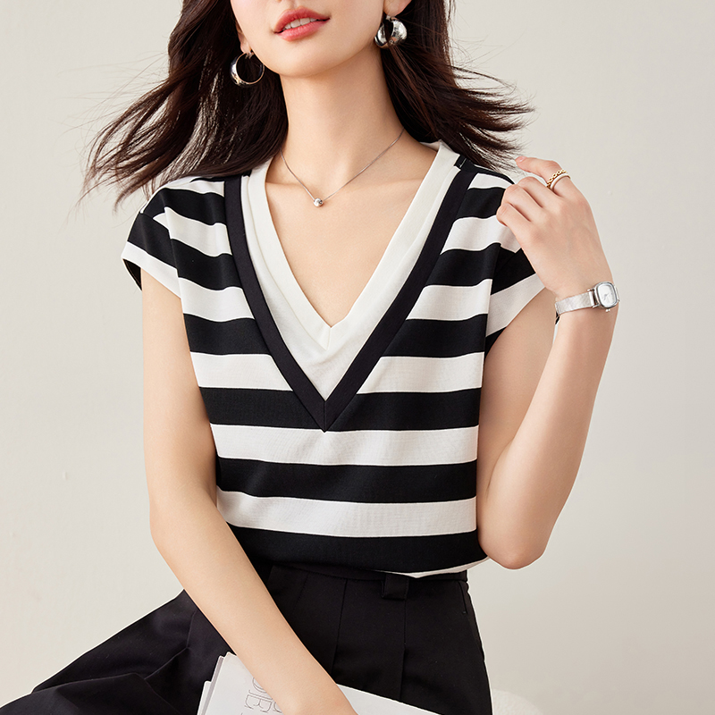 韓系假兩件V領拼色短袖T恤