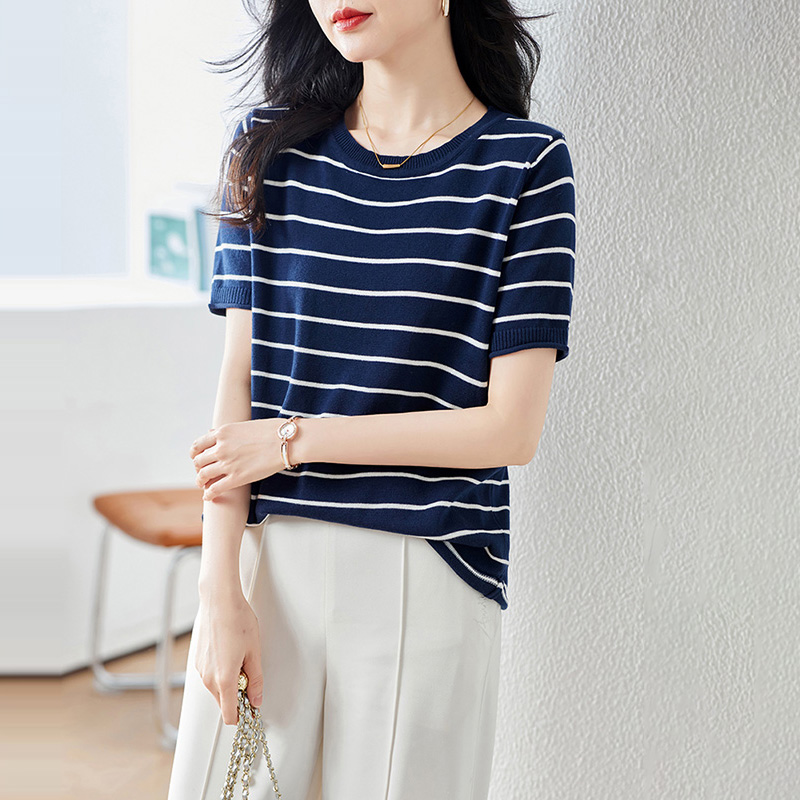 韓系休閒圓領條紋短袖T恤