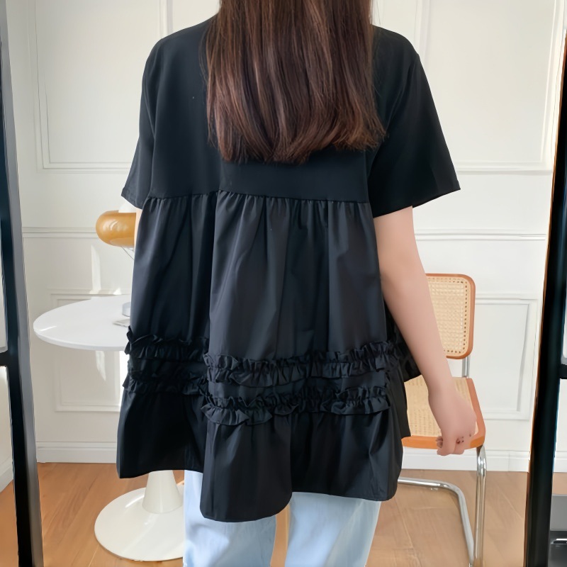 日系木耳邊撞色拼接短袖T恤(2色)