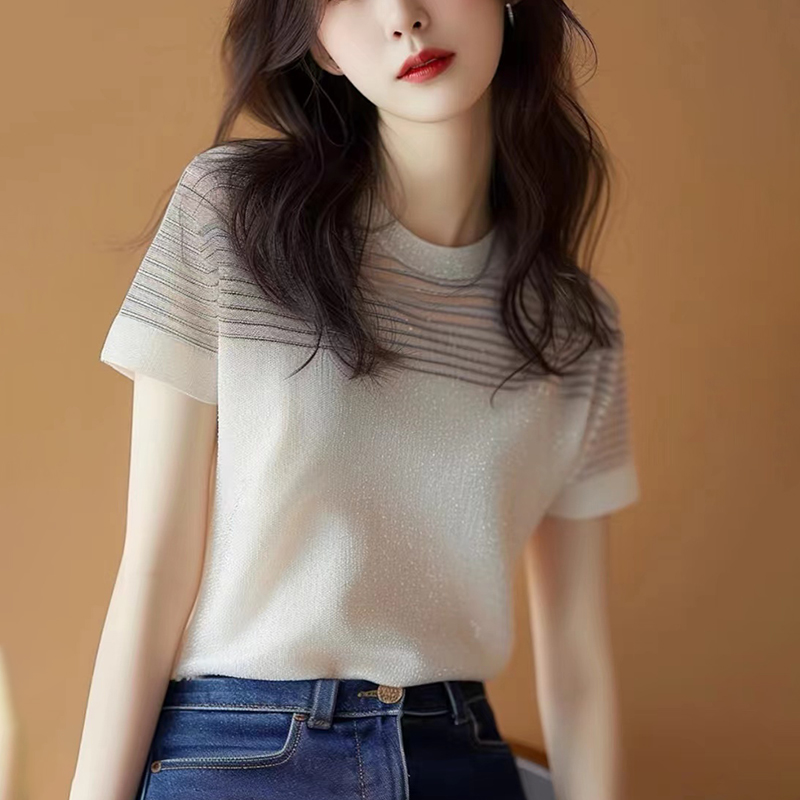 法式別緻亮閃閃條紋短袖T卹