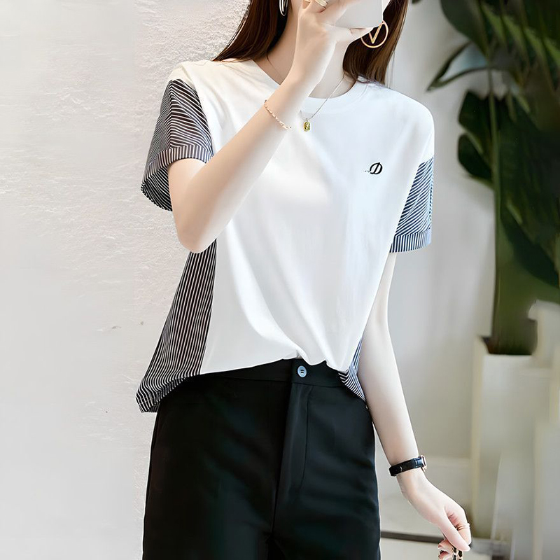 時尚圓領刺繡條紋短袖T恤