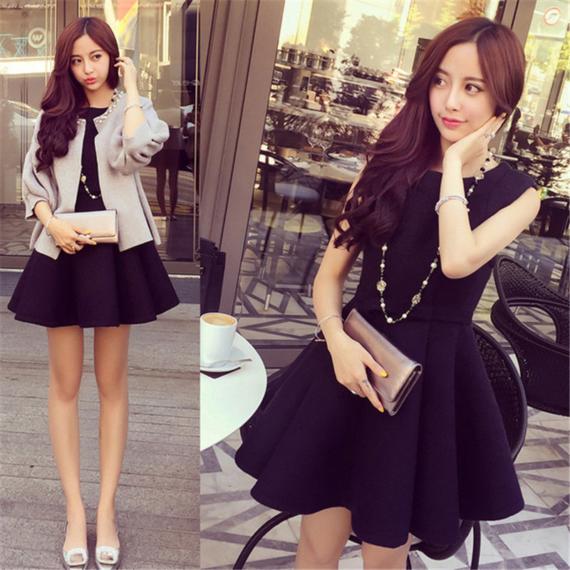 新款釘珠純色外套 / 中長針織無袖連身裙兩件套(2色)