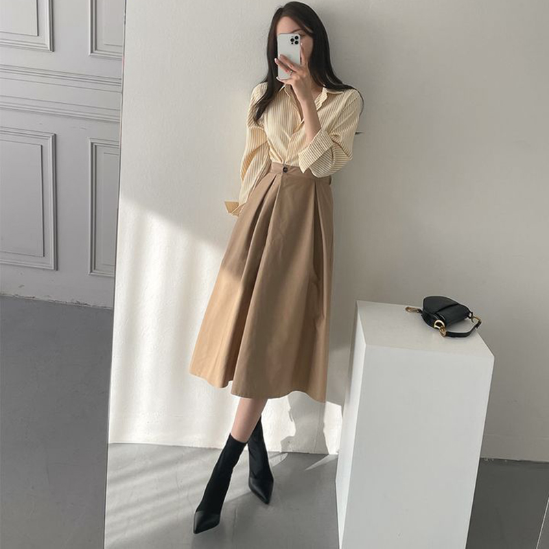 韓版復古條紋拼色襯衫連身裙