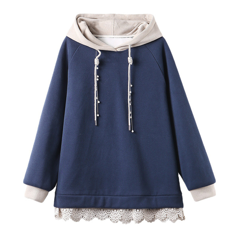 連帽拼色蕾絲下擺設計寬鬆衛衣