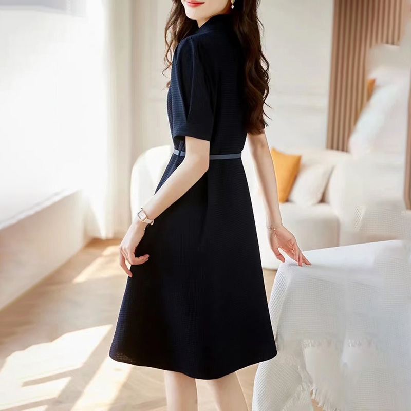 華夫格紋腰帶束腰襯衫連身裙