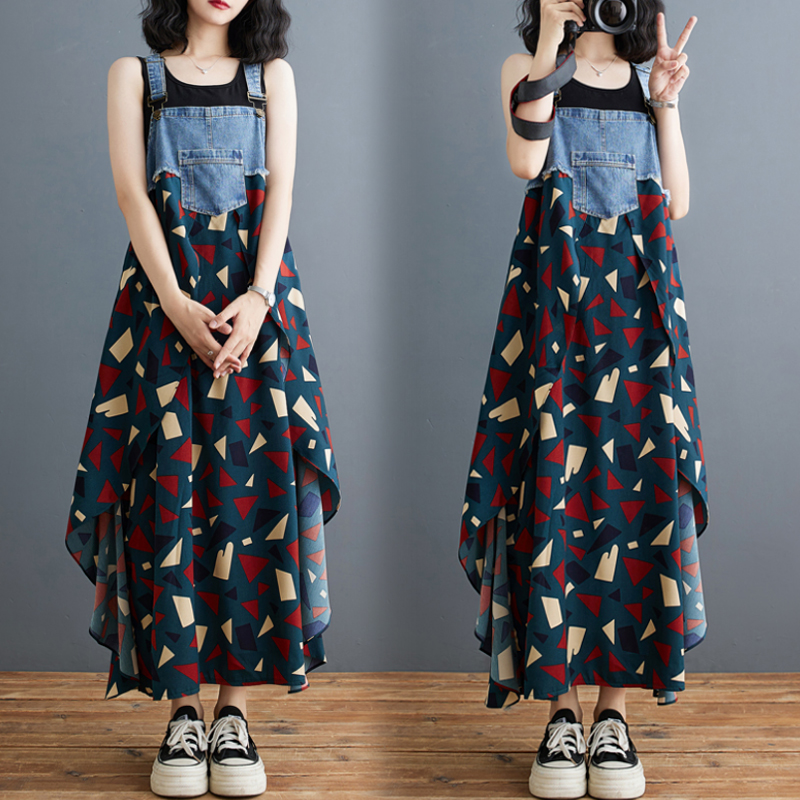 韓系荷葉邊牛仔拼接設計背帶款連身裙（14色）