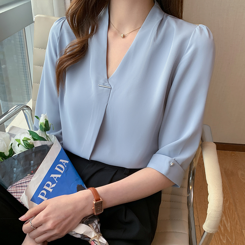 時尚優雅V領中袖職業襯衫