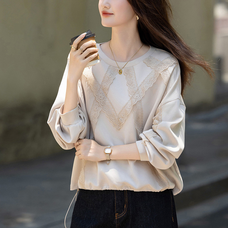 圓領蕾絲寬鬆彈性衛衣