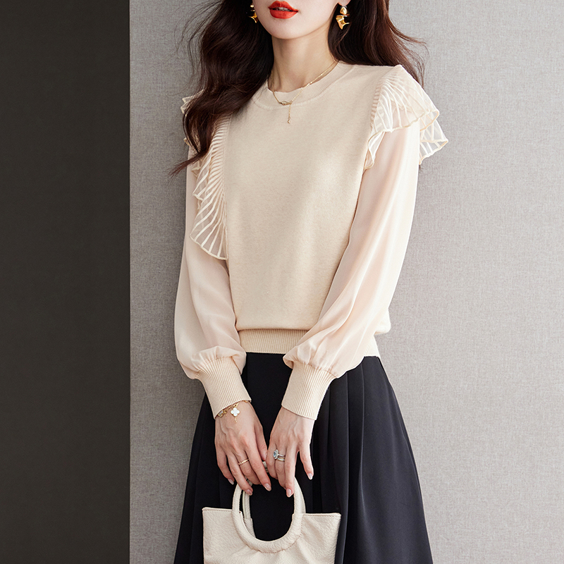 雪紡拼接荷葉邊圓領針織衫