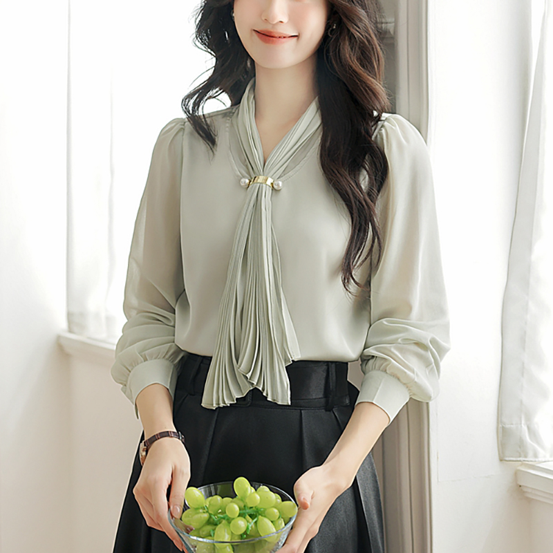 法式溫柔繫帶V領長袖襯衫