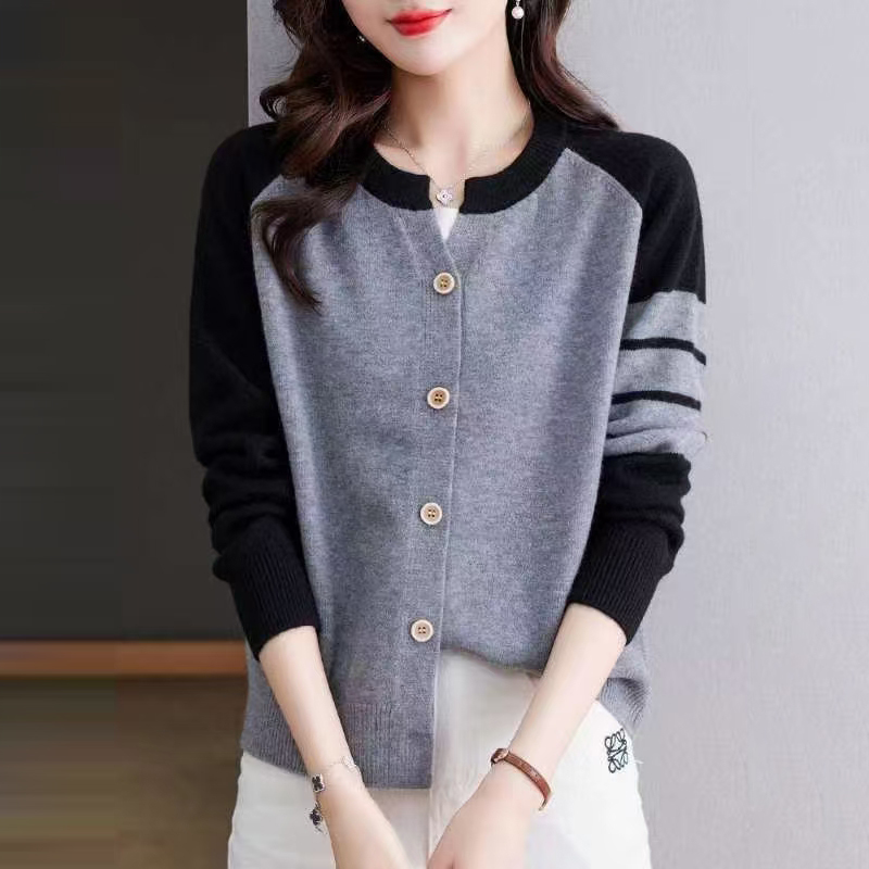 休閒百搭圓領拼色針織開襟衫(4色)