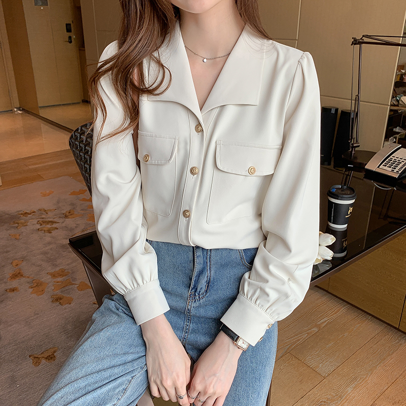 法式方領復古高級感長袖襯衫