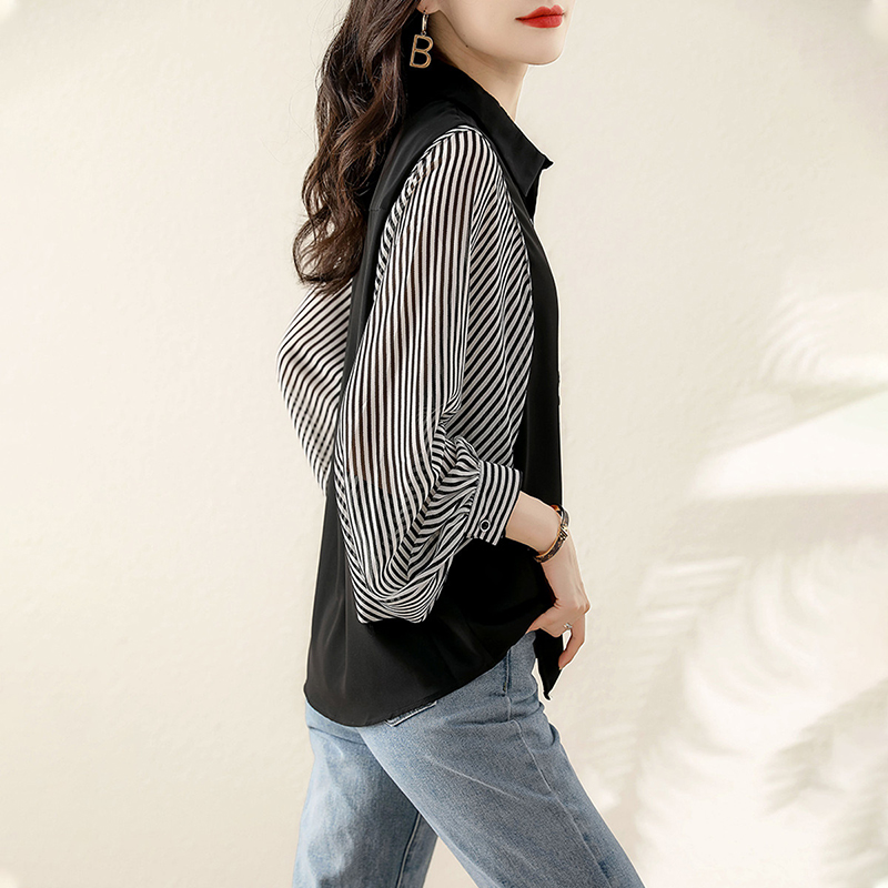 時尚翻領拼接蝙蝠袖襯衫