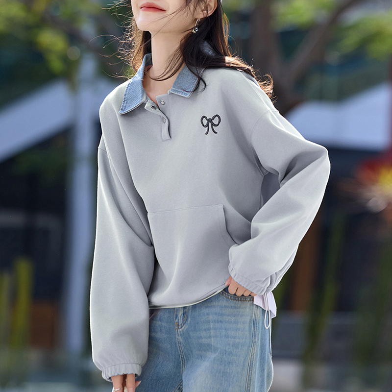 牛仔拼接假兩件刺繡寬鬆衛衣(2色)