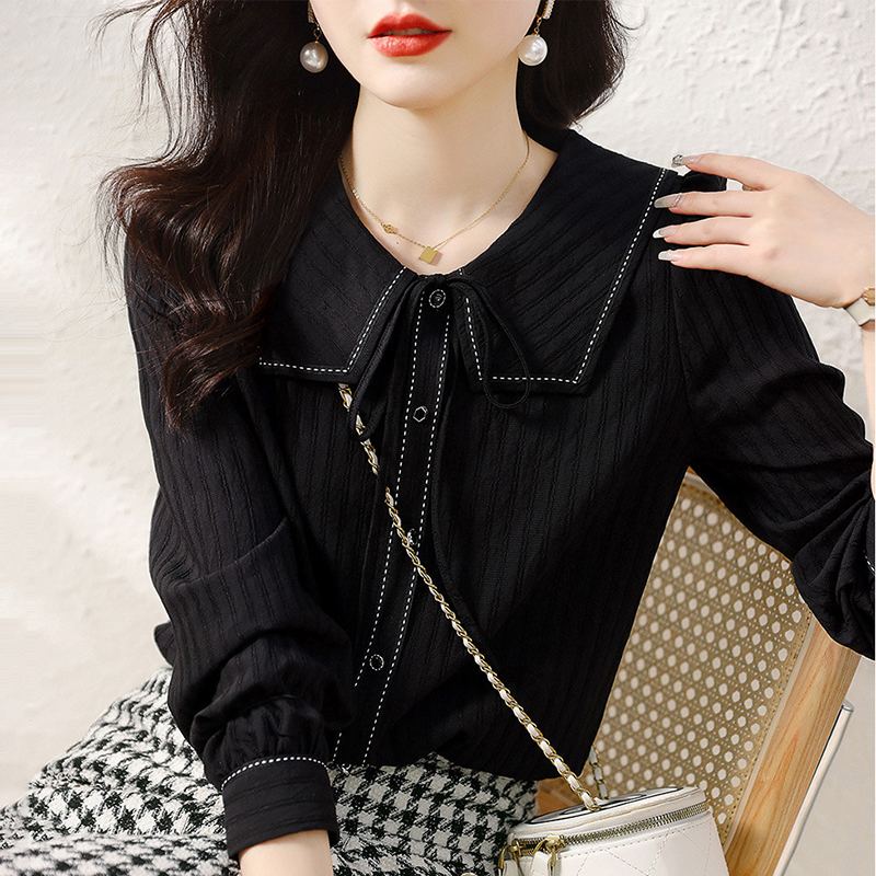 簡約撞色海軍領肌理感長袖襯衫(2色)