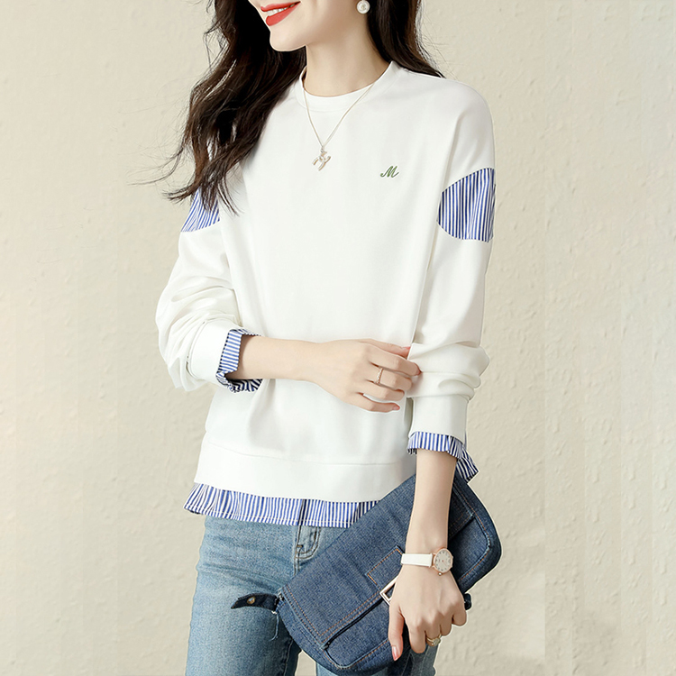 簡約拼接撞色假兩件條紋長袖T恤