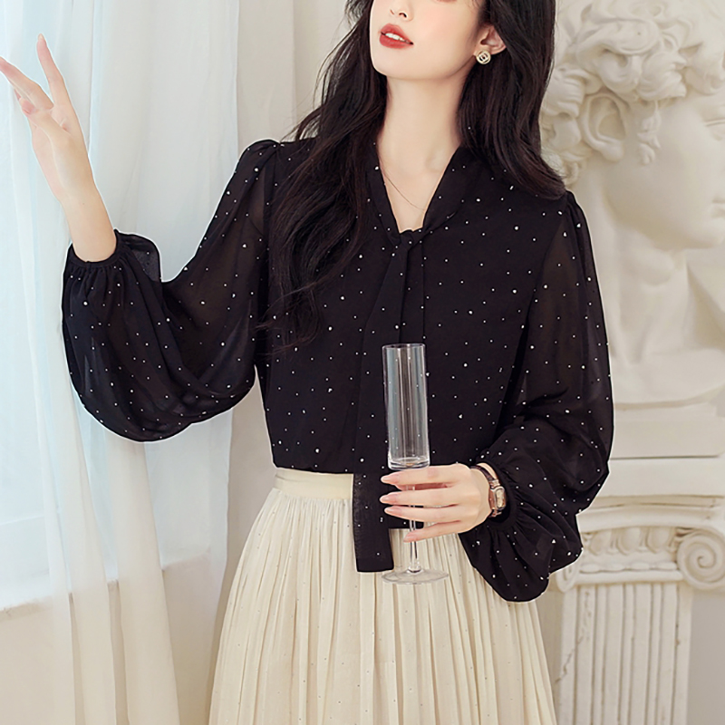 法式復古V領飄帶長袖襯衫