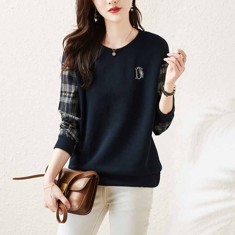 刺繡釘鑽格紋拼接衛衣