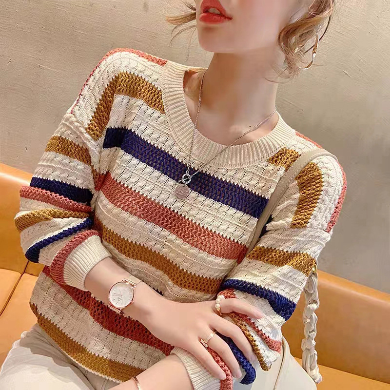 彩虹條紋撞色鏤空針織衫(3色)