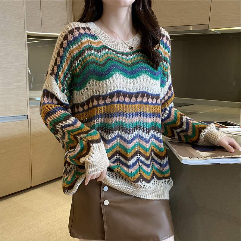 條紋撞擊色鏤空薄版針織衫(2色)