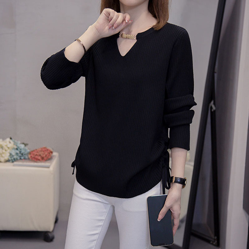 韓系鏤空V領長袖抽繩針織衫(2色)