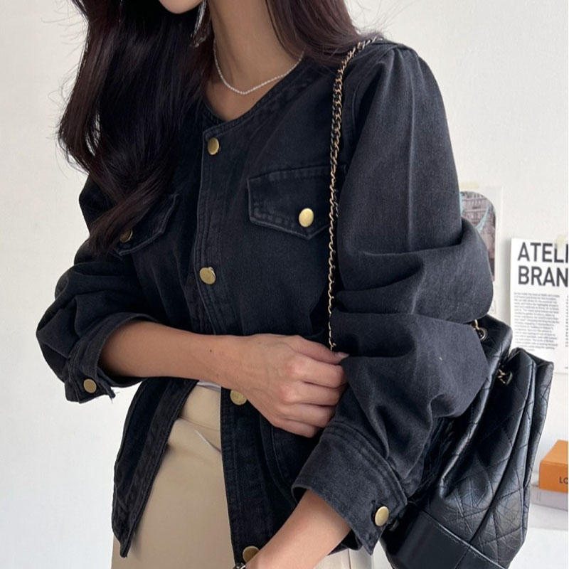 簡約圓領口袋長袖水洗牛仔外套(2色)