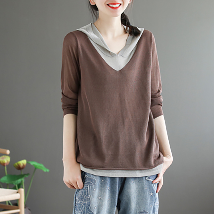 文藝復古連帽針織薄款假兩件T恤(5色)