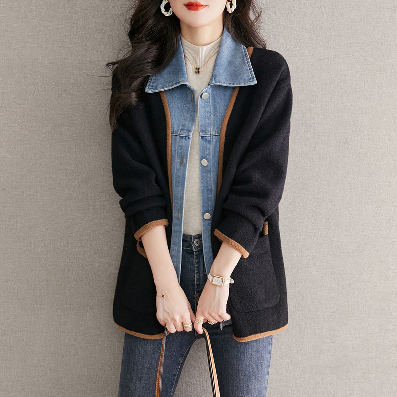 韓系牛仔針織拼接假兩件中長外套