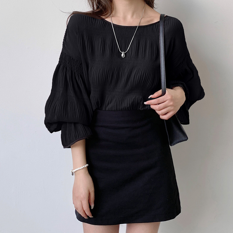 日繫褶紋壓褶後綁帶喇叭袖雪紡衫(4色)