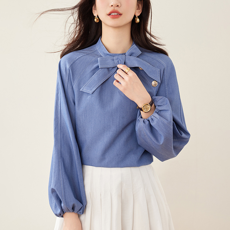 法式復古蝴蝶結繫帶泡泡袖襯衫
