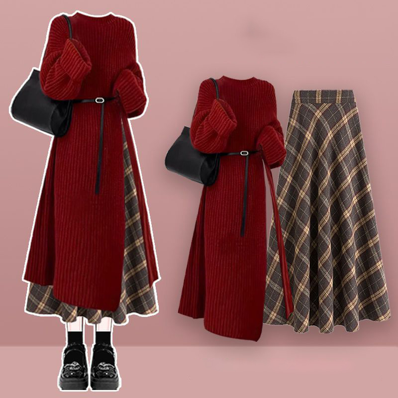 時尚針織毛衣裙+顯瘦半身裙兩件套【贈送皮帶】(4色)