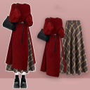 紅色毛衣裙+格子半身裙