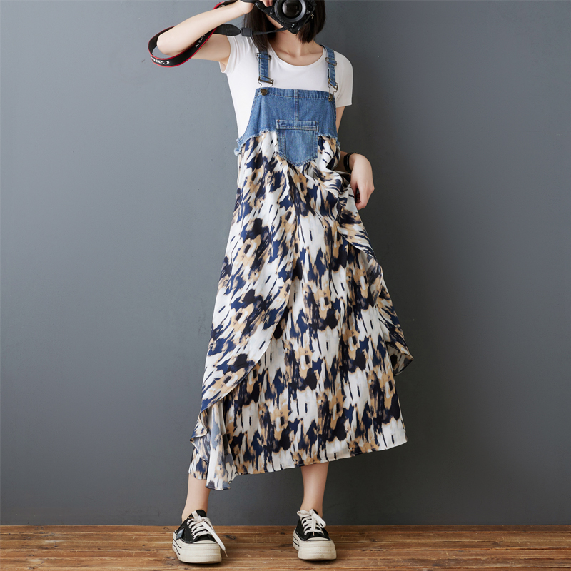 韓系荷葉邊牛仔拼接設計背帶款連身裙（8色）