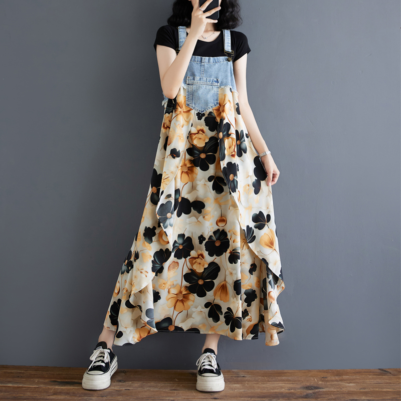 韓系荷葉邊牛仔拼接設計背帶款連身裙（14色）