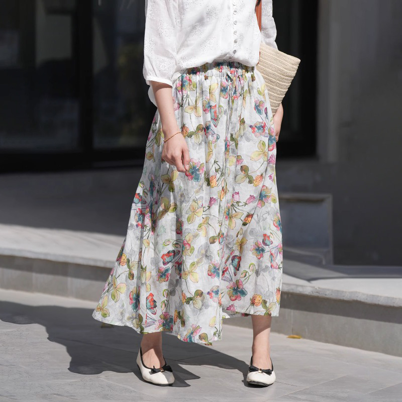 文藝復古棉麻碎花半身裙