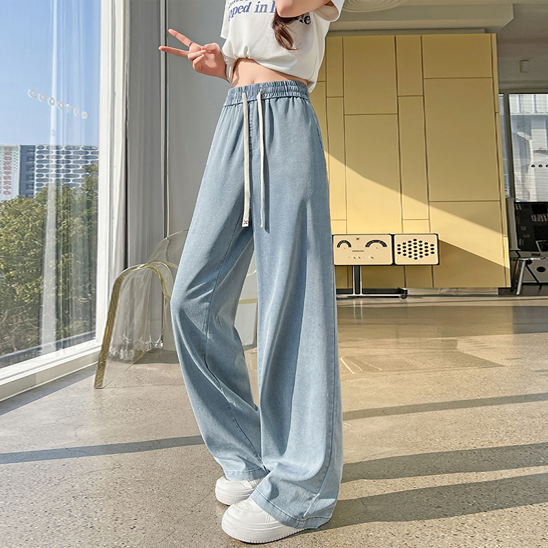 高腰寬腳顯瘦抽繩天絲牛仔褲