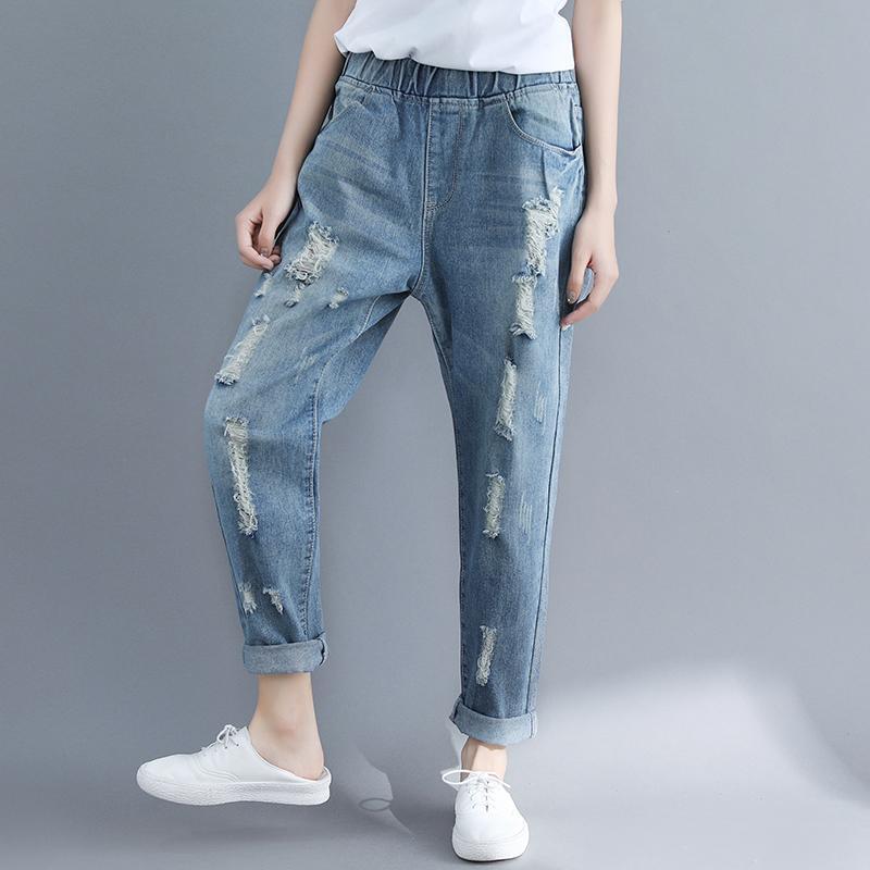 鬆緊腰直筒九分磨破洞牛仔褲