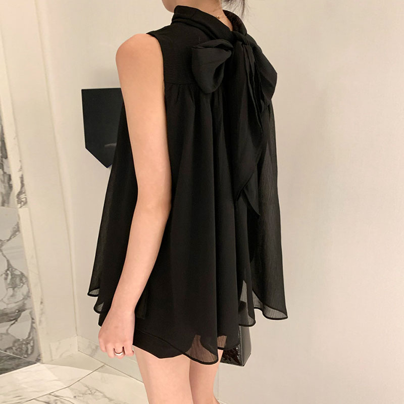 韓系優雅掛脖蝴蝶結無袖背心式襯衫(4色)